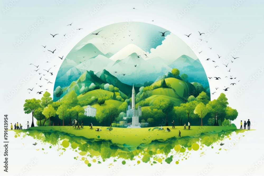 Abstract ilustration Group Of People Standing On Top Of A Lush Green Field. Earth day concept AI generated