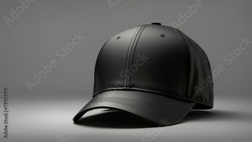 A black baseball cap is sitting at a slight angle on a pale gray surface.

