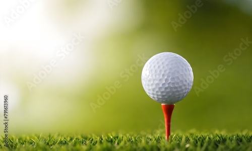 A white golf ball on a tee in a grassy field with a blurred green background