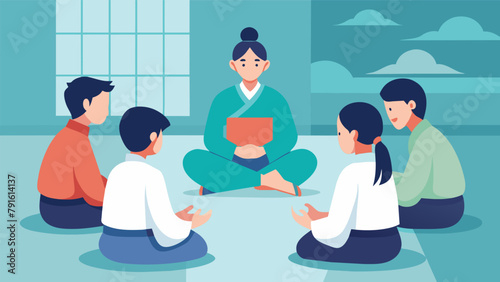 In a quiet corner of the dojo a group of advanced students engage in a meaningful discussion about the role of empathy and compassion in