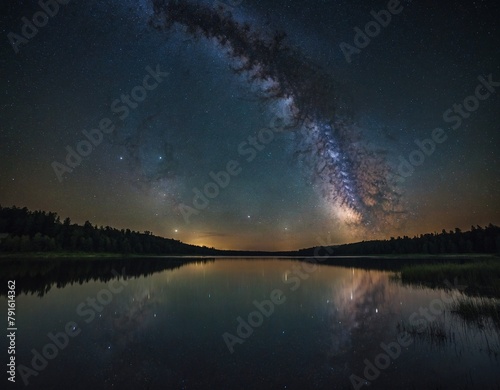 Capture the beauty of a star-studded night sky above a tranquil lake mirrored by the Milky Way. 