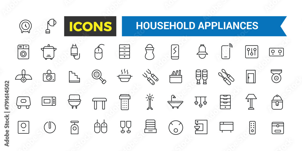 Household Appliances And Home Icons Set, Set Of Refrigerator, Freezer, Washing Machine, Dishwasher, Cooker, Hob, Gas Stove, Kitchen Hood, Coffee Machine Vector Icons, Vector Illustration