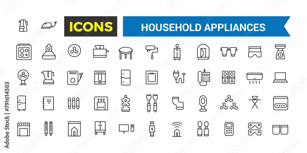 Household Appliances And Home Icons Set, Set Of Refrigerator, Freezer, Washing Machine, Dishwasher, Cooker, Hob, Gas Stove, Kitchen Hood, Coffee Machine Vector Icons, Vector Illustration