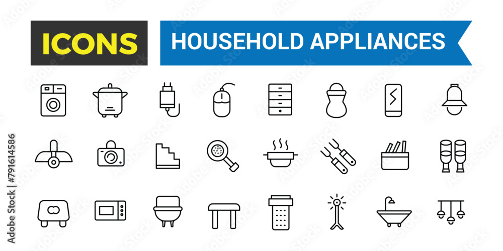 Household Appliances And Home Icons Set, Set Of Refrigerator, Freezer, Washing Machine, Dishwasher, Cooker, Hob, Gas Stove, Kitchen Hood, Coffee Machine Vector Icons, Vector Illustration Household Appliances And Home Icons Set, Set Of Refrigerator, Freezer, Washing Machine, Dishwasher, Cooker, Hob, Gas Stove, Kitchen Hood, Coffee Machine Vector Icons, Vector Illustration