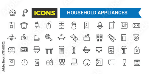Household Appliances And Home Icons Set, Set Of Refrigerator, Freezer, Washing Machine, Dishwasher, Cooker, Hob, Gas Stove, Kitchen Hood, Coffee Machine Vector Icons, Vector Illustration