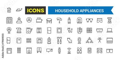 Household Appliances And Home Icons Set, Set Of Refrigerator, Freezer, Washing Machine, Dishwasher, Cooker, Hob, Gas Stove, Kitchen Hood, Coffee Machine Vector Icons, Vector Illustration