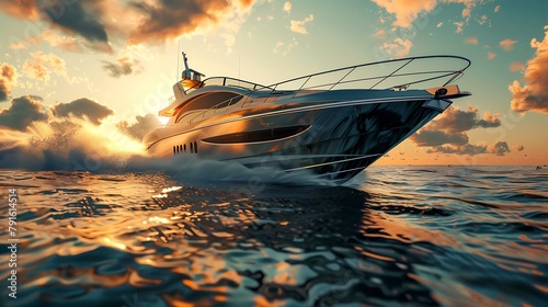 Luxurious yacht speedboat riding on a sea