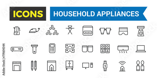 Household Appliances And Home Icons Set, Set Of Refrigerator, Freezer, Washing Machine, Dishwasher, Cooker, Hob, Gas Stove, Kitchen Hood, Coffee Machine Vector Icons, Vector Illustration