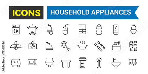 Household Appliances And Home Icons Set  Set Of Refrigerator  Freezer  Washing Machine  Dishwasher  Cooker  Hob  Gas Stove  Kitchen Hood  Coffee Machine Vector Icons  Vector Illustration