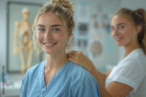 portrait of two smiling female doctor standing at hospital