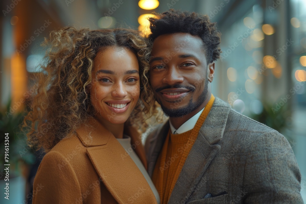 Obraz premium A stylish couple stands close together, sharing a glance filled with affection and elegance