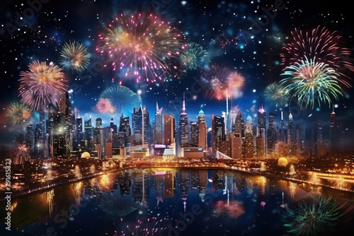 Generative ai on theme festive brightly fireworks on twilight background high in dark sky