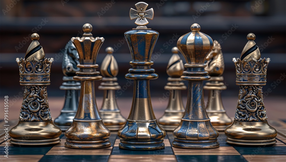 Close-up view of opulent, ornately designed metallic chess pieces Close-up view of opulent, ornately designed metallic chess pieces