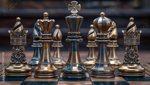 Close-up view of opulent, ornately designed metallic chess pieces