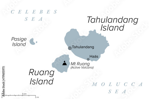 Ruang, an active Indonesian volcanic island, gray political map. Southernmost stratovolcano in the Sangihe Islands arc, North Sulawesi, Indonesia. Located southwest of the nearby island Tahulandang. photo