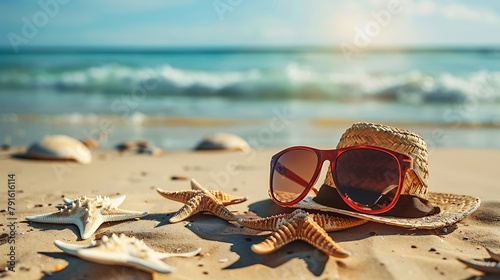 Summer accessories on coastline or beach photo