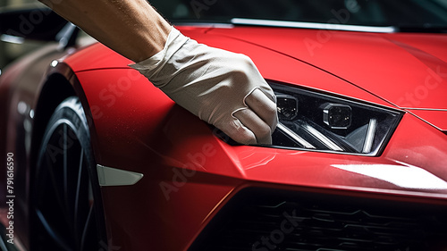 Closeup image of Hands of professional car auto service worker waxing and polishing headlight of red car.