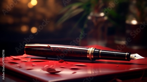 A fountain pen resting on a polished mahogany desk, ready to jot down ideas for a new novel photo