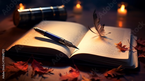 A fountain pen resting on an open book, marking the page where a reader left off, inviting them to return to the story photo