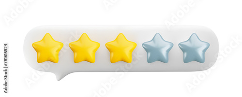 3d gold three stars out of five in white speech bubble. Realistic render of customer review, rating, feedback concept. 3d medium quality service symbol isolated on white background.
