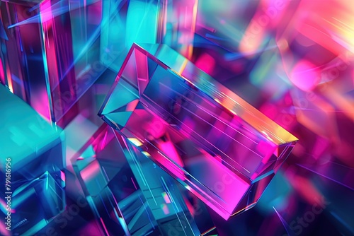 Colorful Holographic Geometric Shapes Stack on Dark Background - 3D Digital Art in Blue, Purple, and Green 