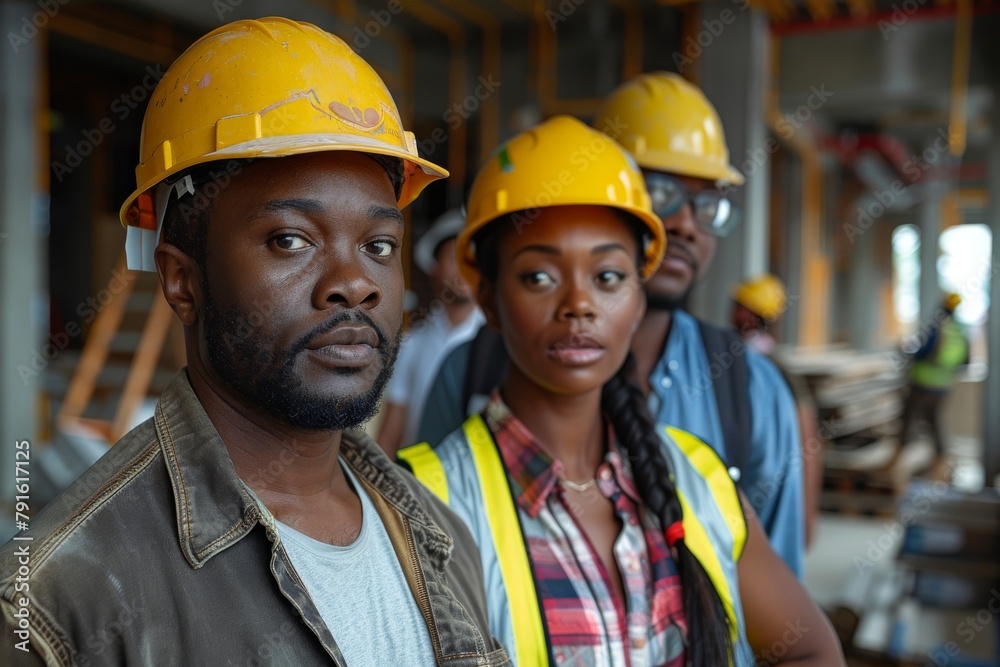Group of diverse construction workers with focus on a man in the foreground wearing safety equipment Group of diverse construction workers with focus on a man in the foreground wearing safety equipment