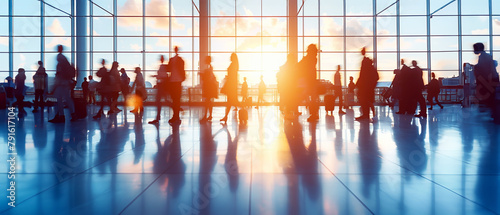 A blurred background of a modern airport with a full glass facade in the sunset. Abstract motion blurred side view of people and their tall shadows, walking through the terminal.
