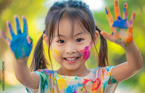 Smiling young girl with paint-smeared face and hands, capturing a moment of joy