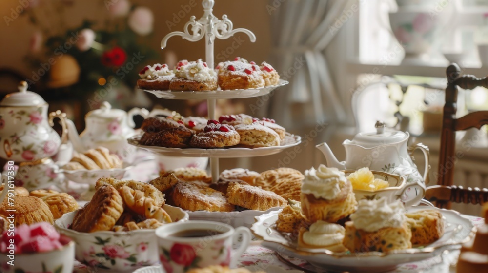 Elegant Afternoon Tea Setup With Assorted Pastries Elegant Afternoon Tea Setup With Assorted Pastries