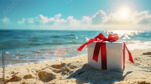 White gift box with a red ribbon standing on the sand with blue sea and sun on background