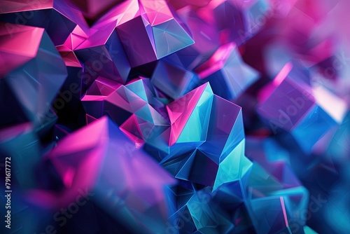 Colorful Holographic Geometric Shapes Stack on Dark Background - 3D Digital Art in Blue, Purple, and Green 