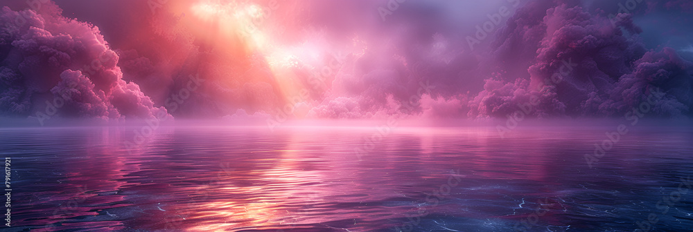 A Purple Light Shining in the Middle of a Room,
Calm water surface at sunset with sun and clouds
