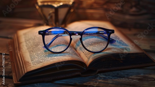 Black frame anti-glare glasses with blue light blocking technology set against a brown, textured book wooden background.