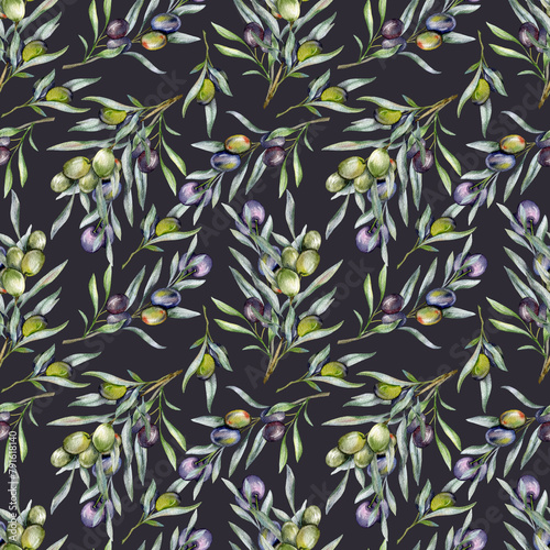 Seamless watercolor olives pattern with olive branches. Olives background for wallpapers, postcards, greeting cards, wedding invites, textile, events. Floral Watercolor