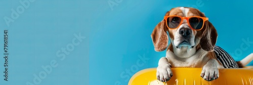 Adorable beagle dog on a solitary, blue background with sunglasses and a swimming ring. The idea of a seaside summer vacation. Banner. Copy space. photo