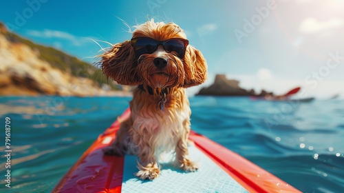 dog wearing shades while riding a paddleboard