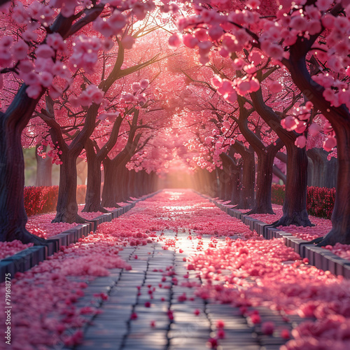 
Fantasy alley with pink colors. Wonderful scenic park with rows of blooming cherry sakura trees in spring. 