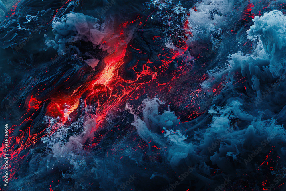 Generative ai on theme of erupting volcano with cascading hot lava surrounded thick white smoke
