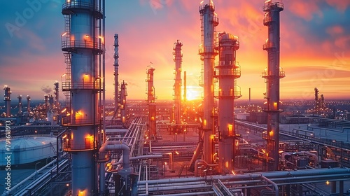 Oil refinery against a colorful sunset sky. Highlight the industrial structures and their impact on the environment. Generative AI.
