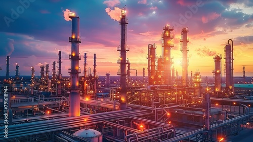 Oil refinery against a colorful sunset sky. Highlight the industrial structures and their impact on the environment. Generative AI. photo