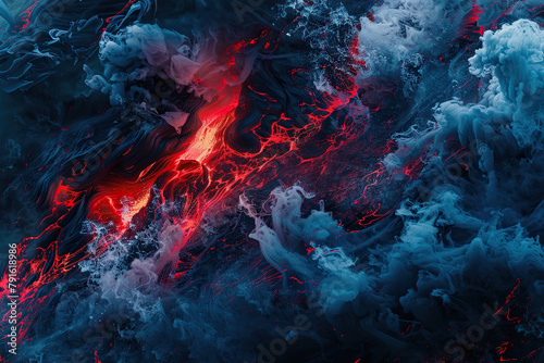 Generative ai on theme of erupting volcano with cascading hot lava surrounded thick white smoke photo