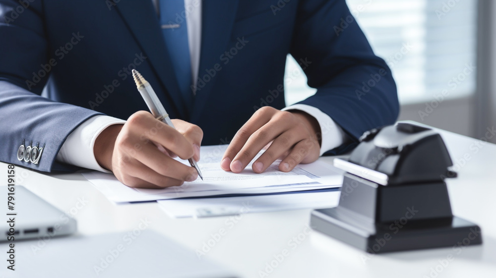 Signing contract, business agreement and deal concept. Businessman stamping with approved stamp on document at meeting.
Signing contract, business agreement and deal concept. Businessman stamping with approved stamp on document at meeting.