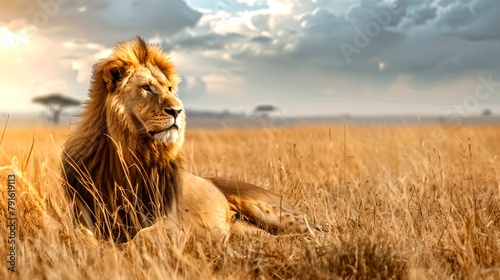 Majestic lion sitting in golden grassland at sunset. Wildlife in natural habitat. Serene outdoor scene. AI