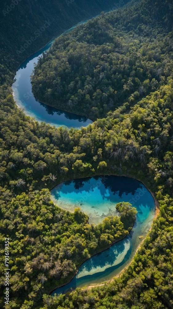 Winding river cuts through dense forest, leading to vibrant blue circular pool surrounded by lush greenery. This showcases natures serenity, waters striking color contrast against verdant landscape.
