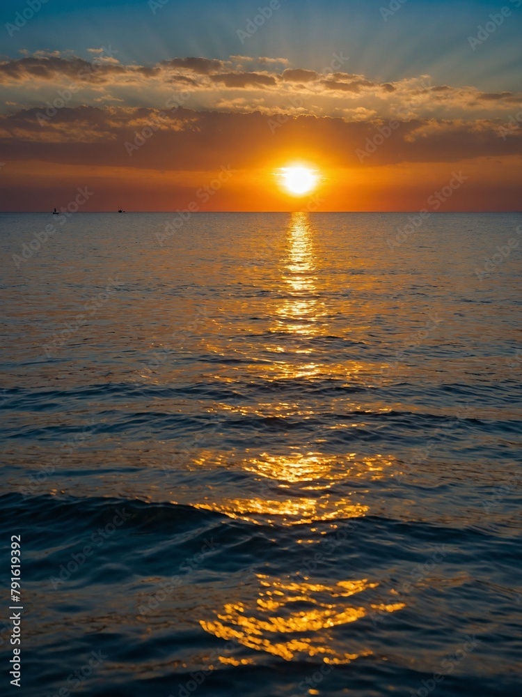 Fototapeta premium Serene sunset casts warm glow over calm sea. Suns reflection creates shimmering path on waters surface. Sky, adorned with hues of orange, yellow, blue.