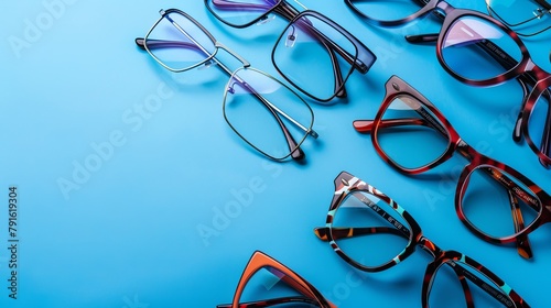 Glasses with copy space on a blue background. Optical shop, vision examination, numerous eyeglasses, fashionable glasses idea photo
