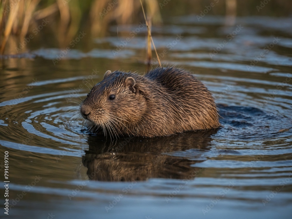 Brown furry creature, likely beaver, seen swimming in calm waters. Wet fur of creature glistens under sunlight, creating beautiful spectacle. Creatures small eyes, nose visible above waterline. Brown furry creature, likely beaver, seen swimming in calm waters. Wet fur of creature glistens under sunlight, creating beautiful spectacle. Creatures small eyes, nose visible above waterline.