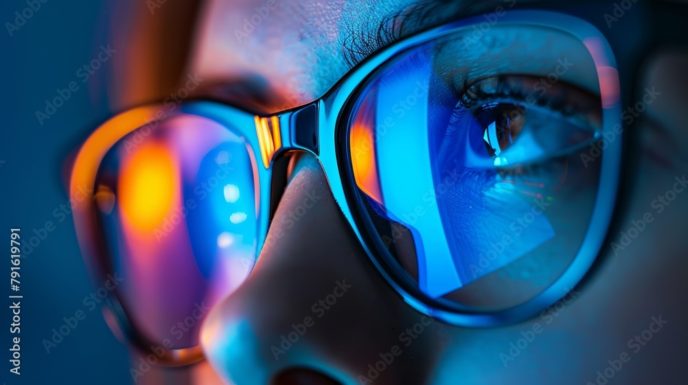 Girl uses the internet for work. laptop reflection on the glasses. view of a woman's eyes up close while wearing black computer glasses. blue light and ray protection for the eyes.