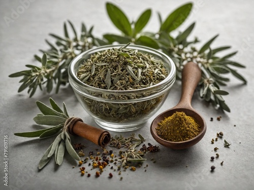 Clear glass bowl filled with dried green herbs takes center stage. Surrounding this bowl, fresh green leaves scattered. To right of bowl, wooden spoon holds yellow ground spices. Below bowl.