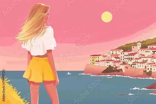 Illustration einer jungen Frau mit blonden Haaren die in ihrem Sommerurlaub auf ein Dorf an einer Steilküste blickt  photo